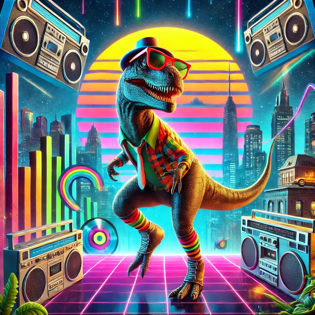 An image of a funky dinosaur dancing 80's music, retro neon background